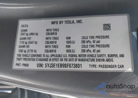 2025 Tesla Model 3 Long Range All-Wheel Drive из США, поврежденный, VIN 5YJ3E1EB9SF873801